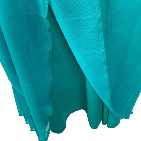 Teal Chiffon Pleated Dress S Rhinestone Belt Bow Tie Knee Length Cocktail Prom - Picture 4 of 9